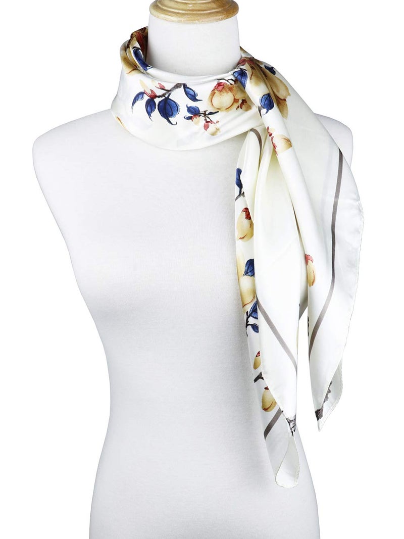vabovin 35" Silk Like Headscarf for women fashion Pattern Large Square Satin Hair Scarf (White Flowers) - Image 4